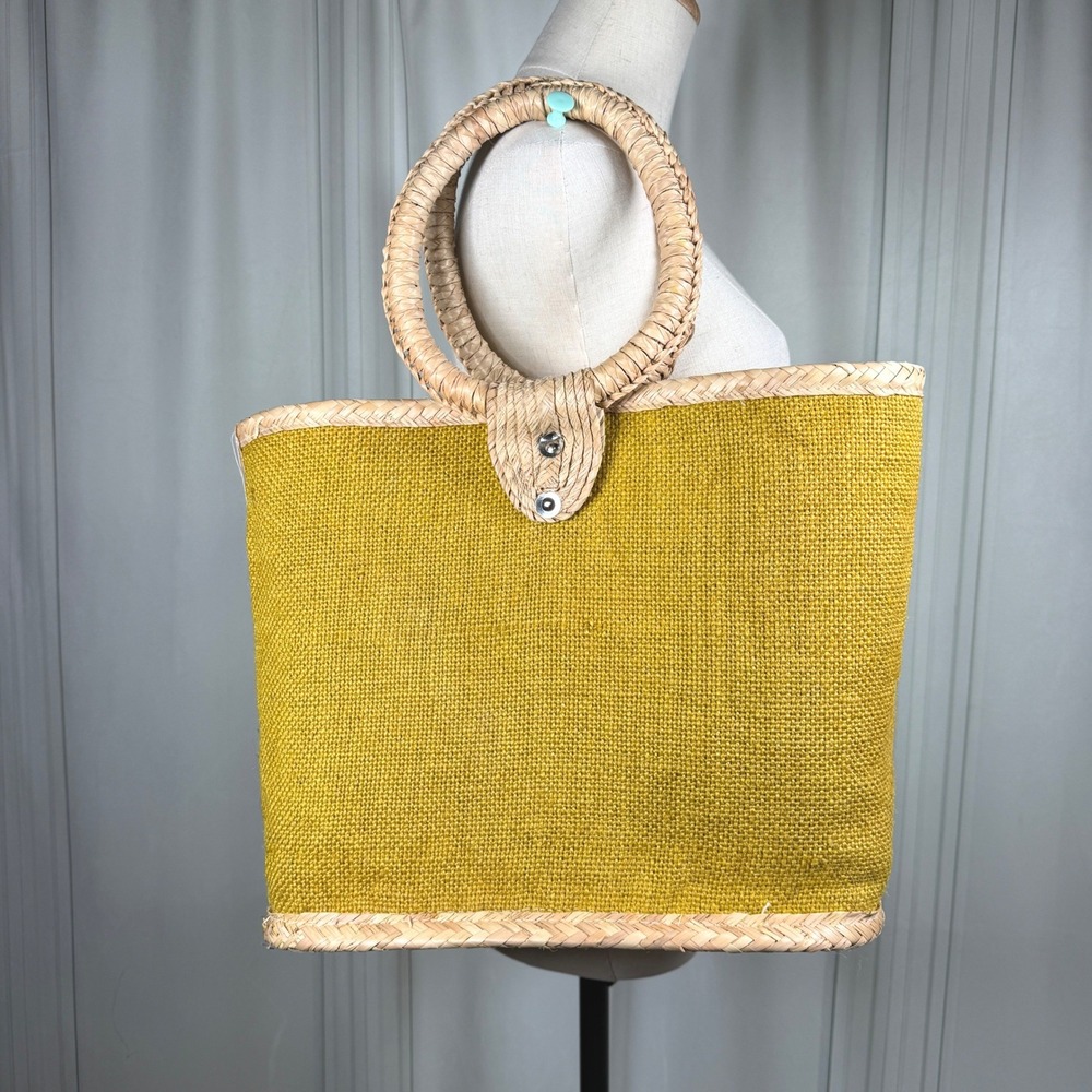 Retro Chartreuse Woven Straw & Burlap Basket Tote - Picture 2 of 15